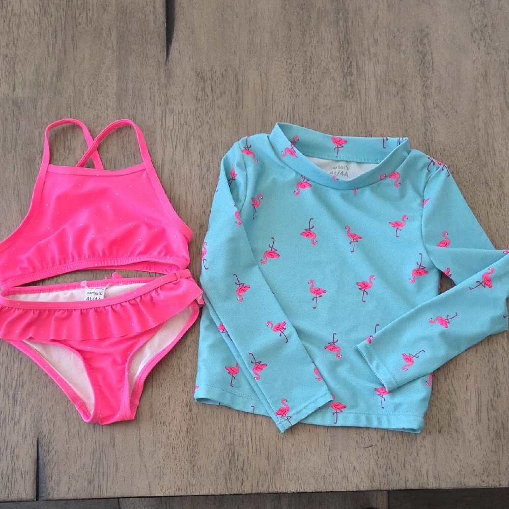 Carter's Neon Pink Bikini Set with Turquoise Flamingo Rash Guard
